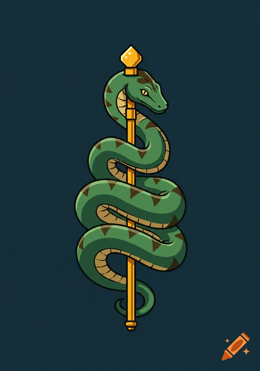 A green cartoon snake with brown stripes coiled around a golden scepter on a dark background.