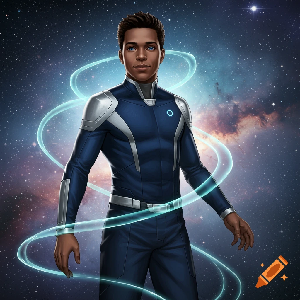 A young man in a dark blue and silver futuristic suit with blue eyes, surrounded by a light blue energy swirl, stands against a starry space background.