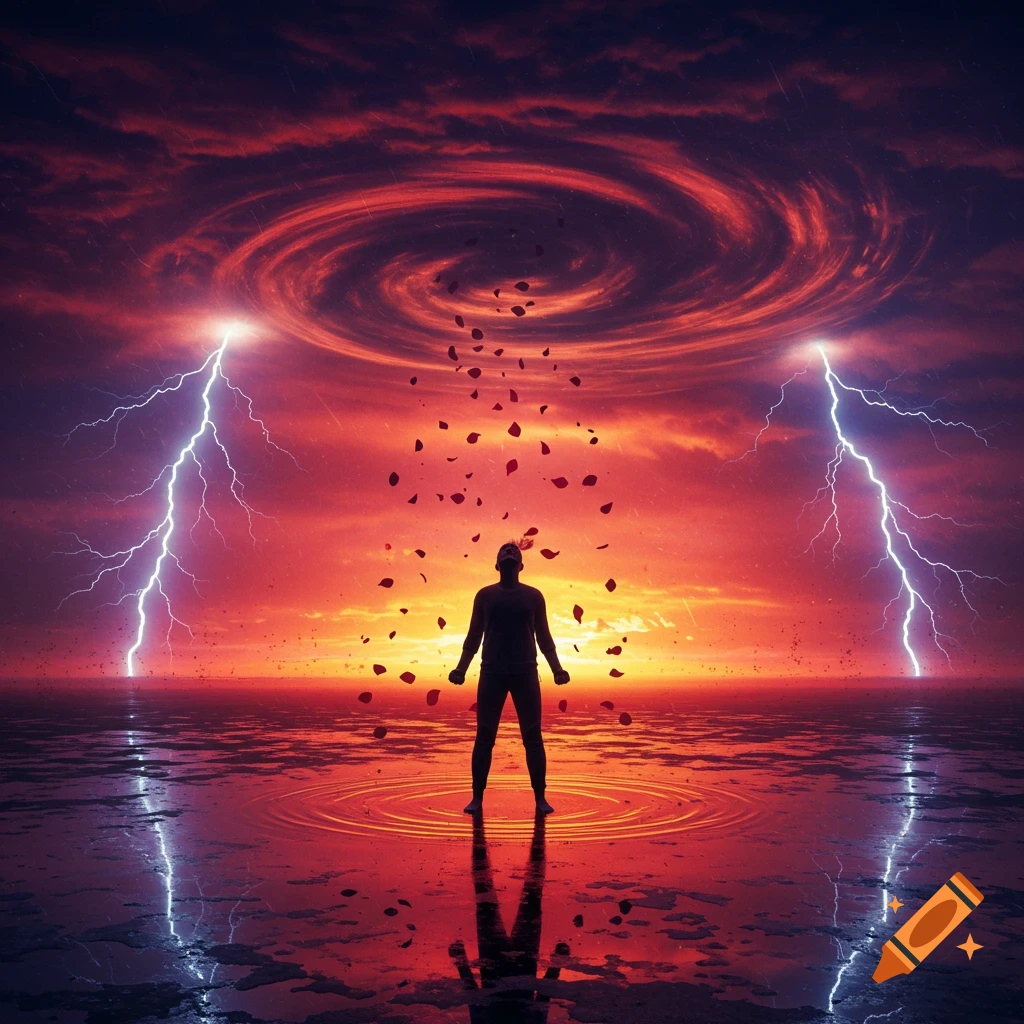 Silhouette of a person standing in water under a dramatic red and black stormy sky with lightning and a swirling vortex.