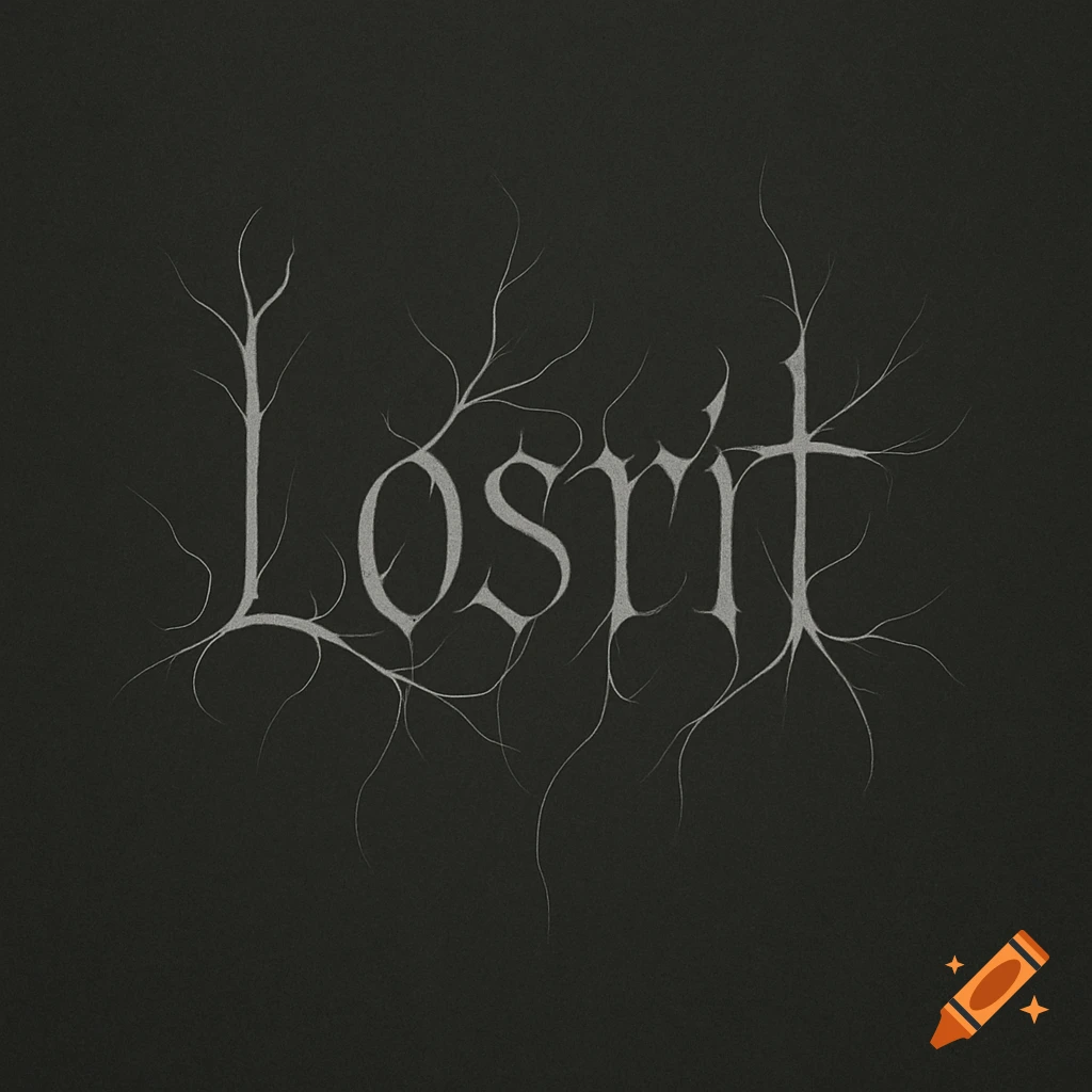 Stylized black metal logo for 'Losrit' with thin, tendril-like letters on a dark gray background.