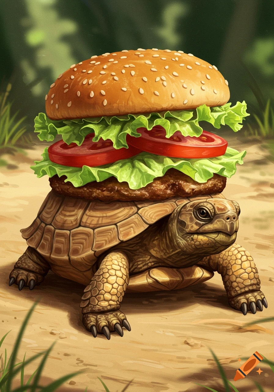 A realistic tortoise with a hamburger (bun, lettuce, tomato, patty) on its shell, standing on sandy ground.