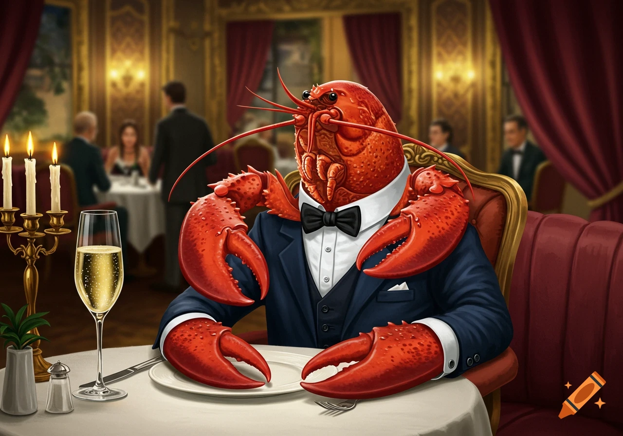 A detailed illustration of an anthropomorphic lobster in a suit sitting at a table in a fancy restaurant.
