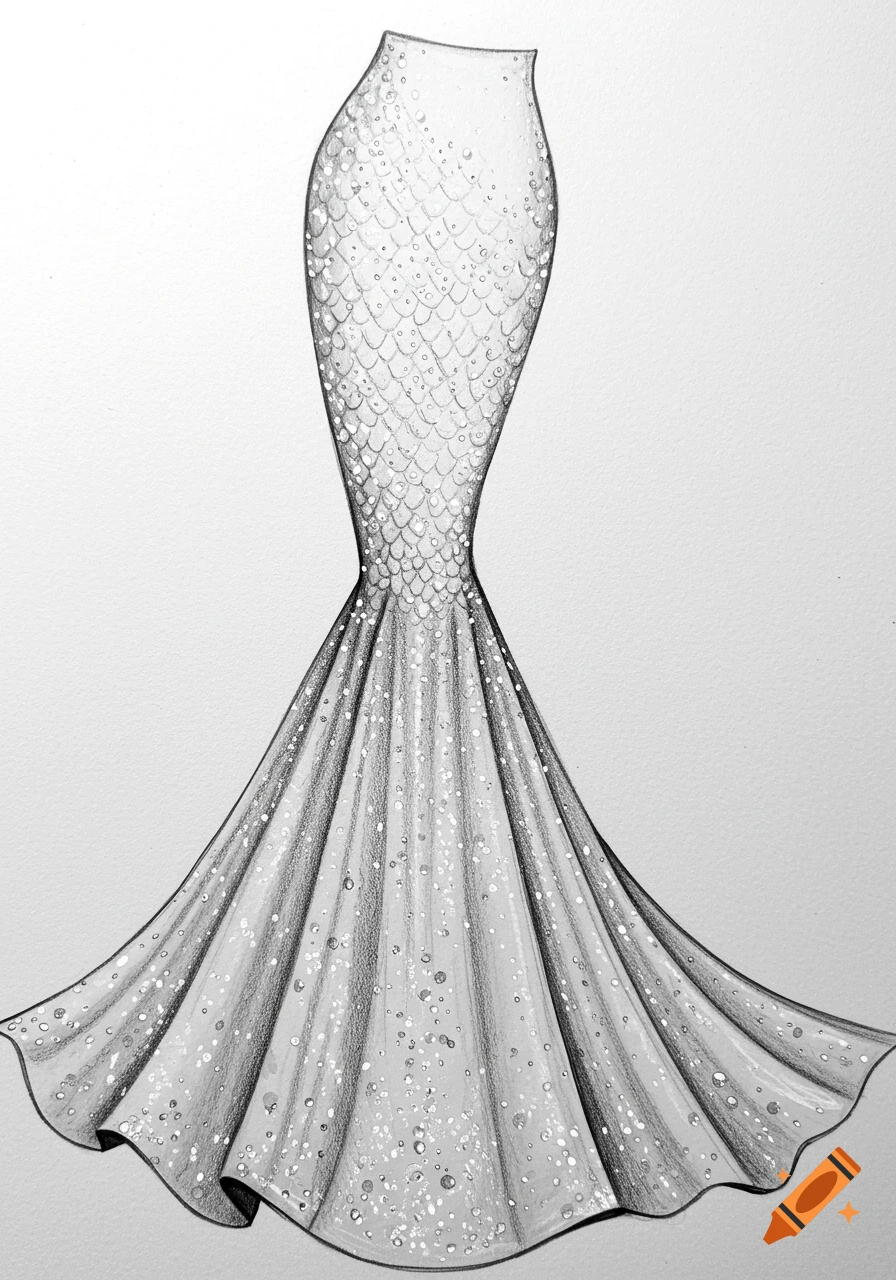 Black and white pencil sketch of a mermaid style skirt with scale-like texture and shimmering details at the bottom.