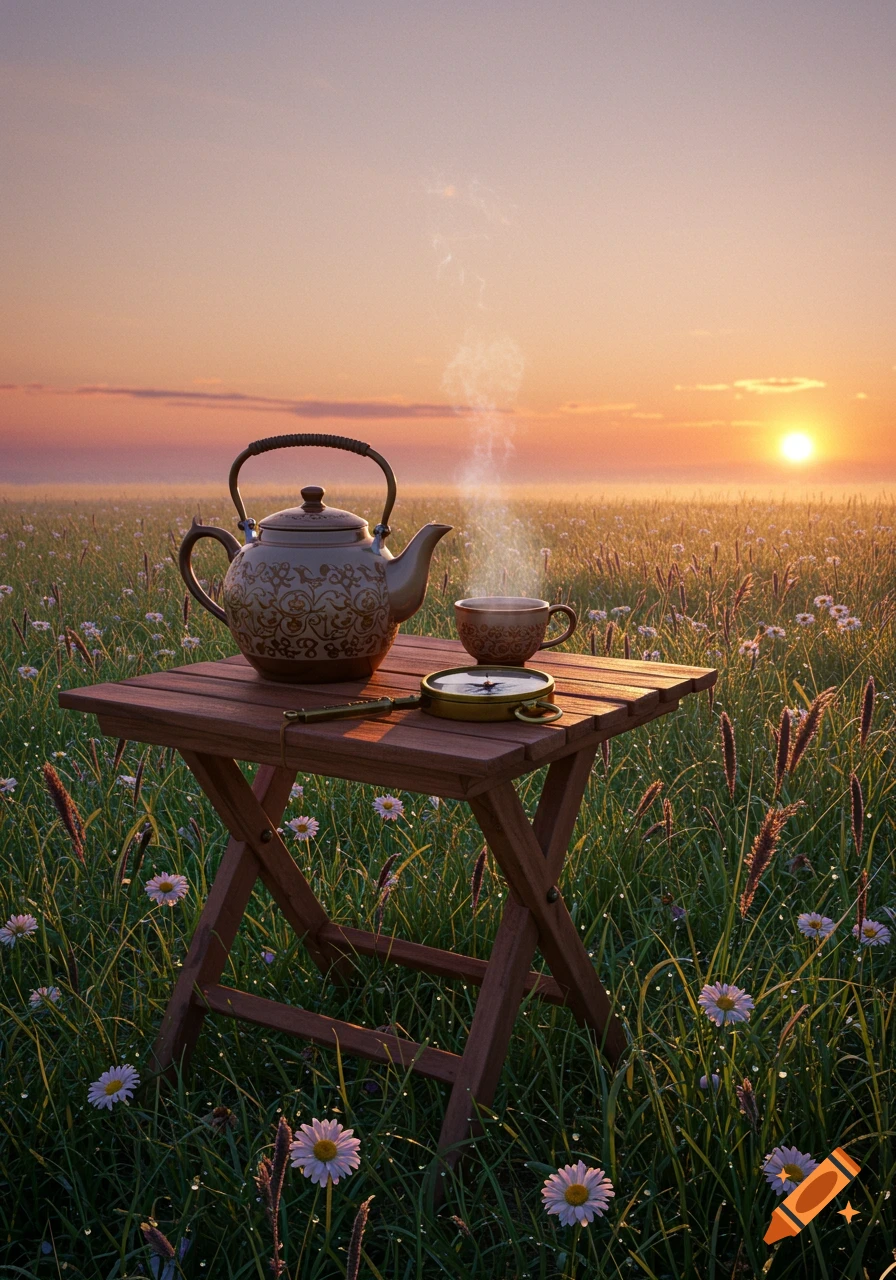 A steaming teapot, cup, and compass on a wooden table in a dew-kissed grassy field with white flowers at sunrise, photorealistic.