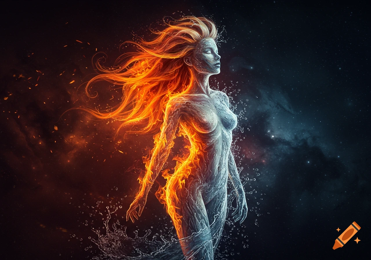 Fantasy digital art of a woman made of fire and water against a dark, starry sky.