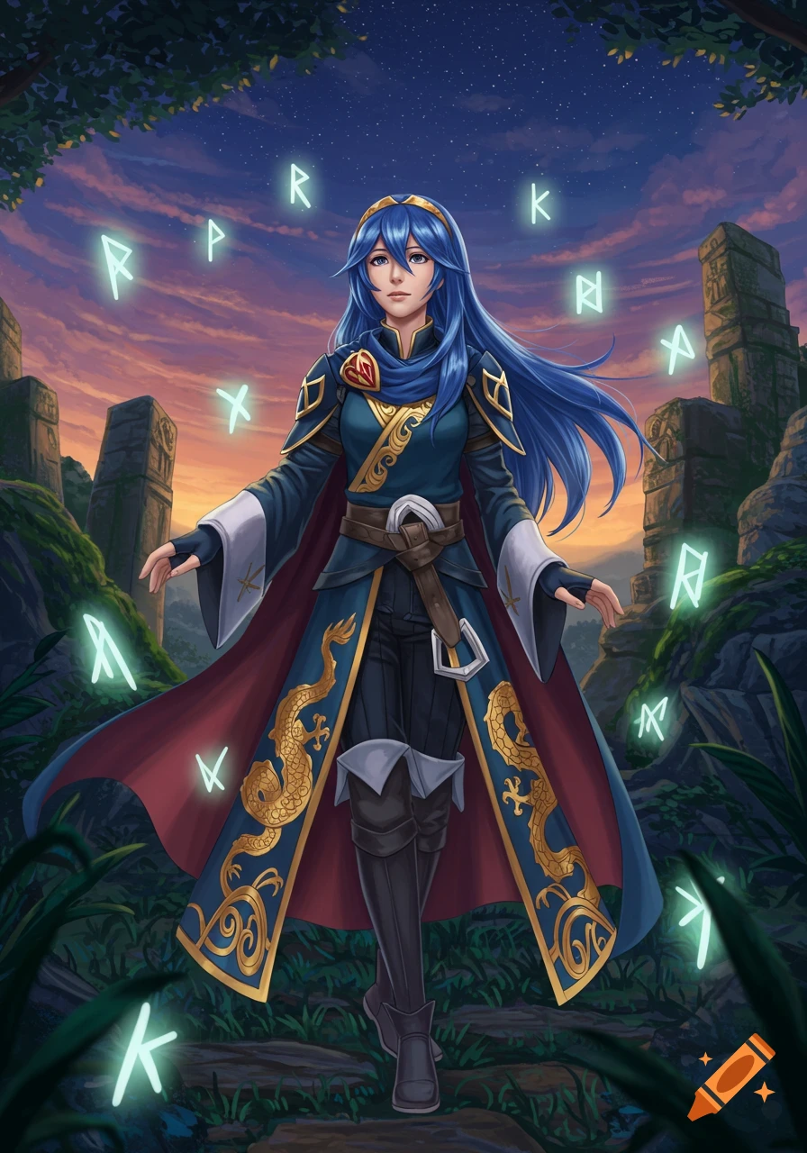 An anime-style female character with long blue hair and a dark blue and gold costume with red trim, stands amidst glowing runes in an ancient ruin setting at twilight.