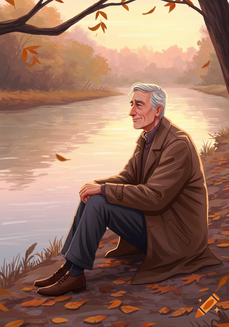 Illustration of an elderly man sitting by a tranquil river under an autumn sunset, with leaves on the ground.