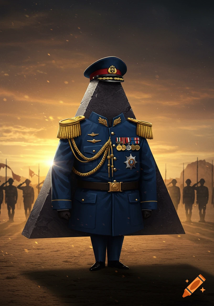 A stone isosceles triangle in a detailed blue military general's uniform and cap stands on a dusty field with saluting soldiers in the background, under a dramatic orange sky.