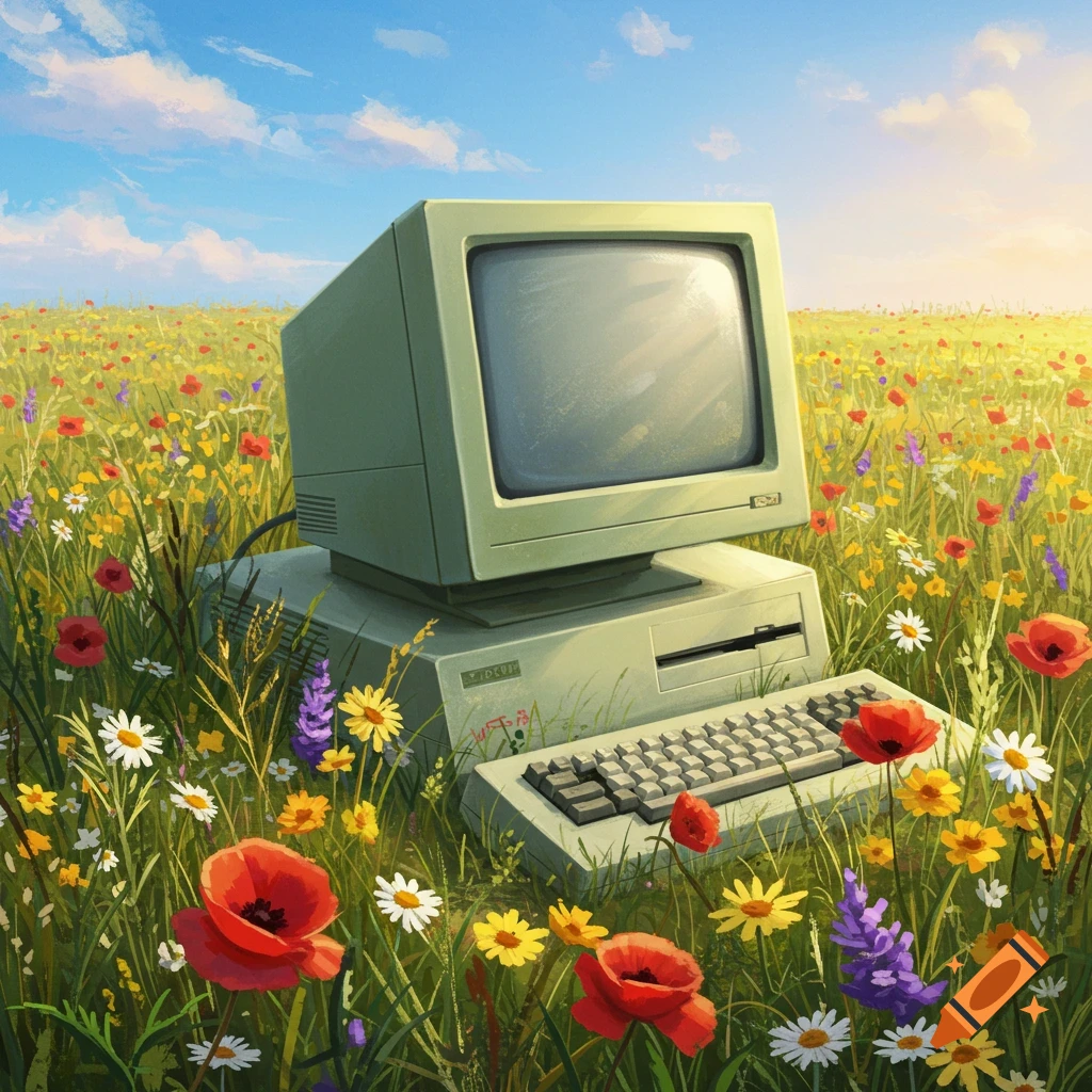 An old, retro computer, with a CRT monitor and keyboard, sitting in a vibrant field of colorful wildflowers under a blue sky.