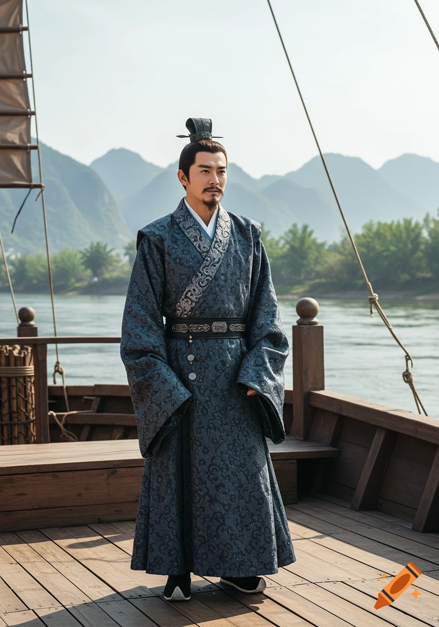 Photorealistic image of a man in a dark patterned historical robe standing on a wooden boat with water and misty mountains behind him.