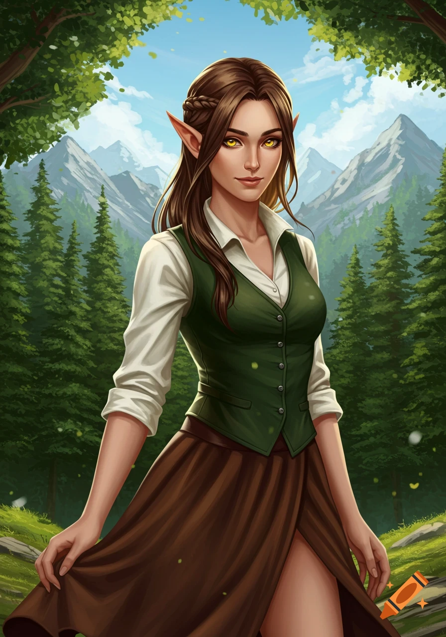 A high fantasy illustration of a half-elf woman with golden eyes and brown hair, wearing a white blouse, green vest, and brown skirt, standing in a forest with mountains.