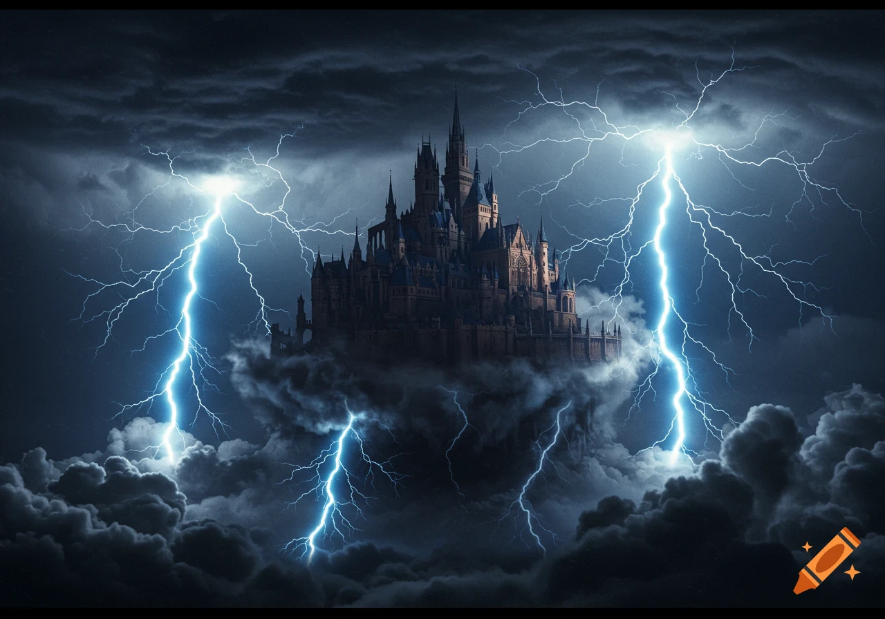A grand castle shrouded in dark, stormy clouds with multiple bright blue lightning bolts striking around it.