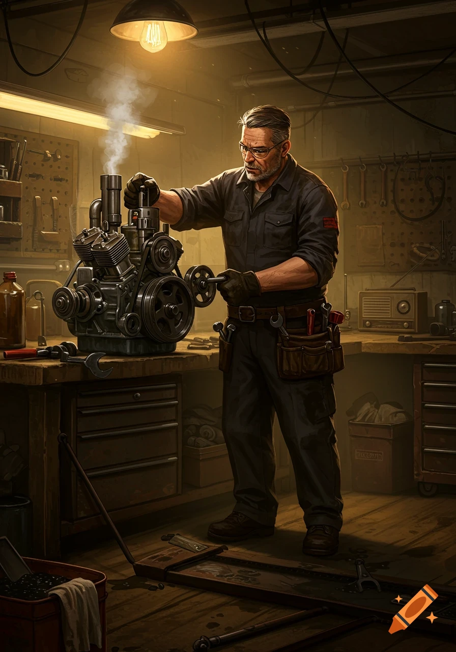 A grizzled mechanic in a dark workshop works intently on a smoking engine under a bright bare bulb.