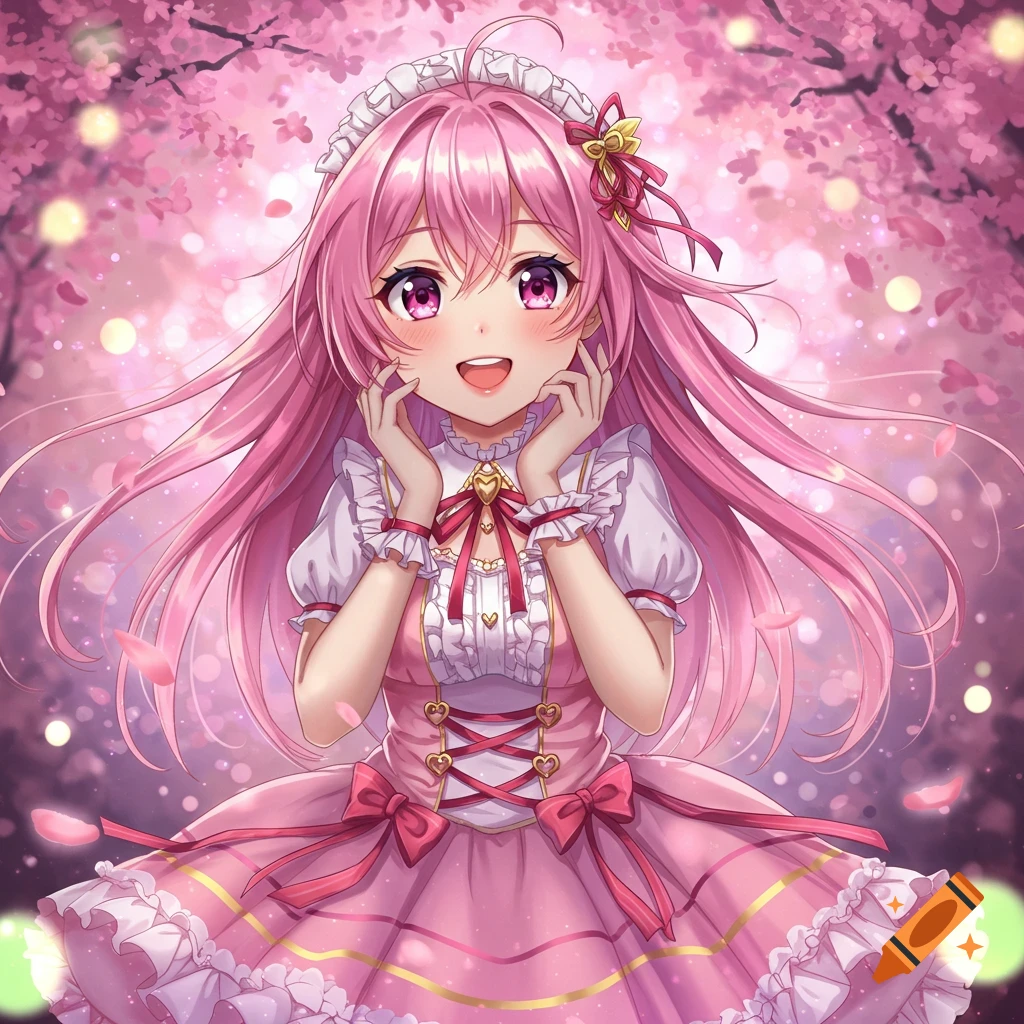 A happy anime girl with long pink hair and a pink dress, posing cutely in a cherry blossom forest with bokeh lights.
