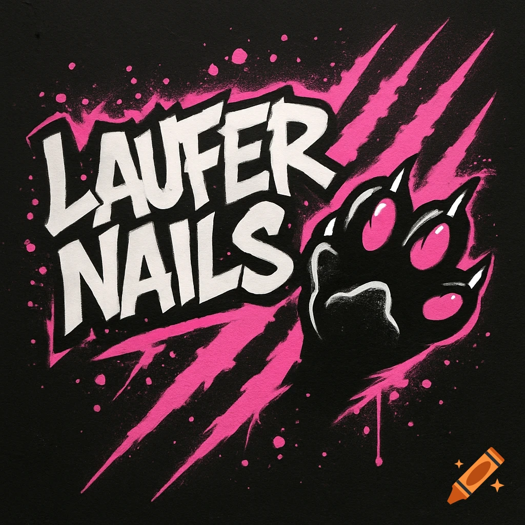 A graffiti-style logo featuring 'LAUFER NAILS' in bold white letters, with a black cat paw, pink nails, and pink scratch marks on a black background.