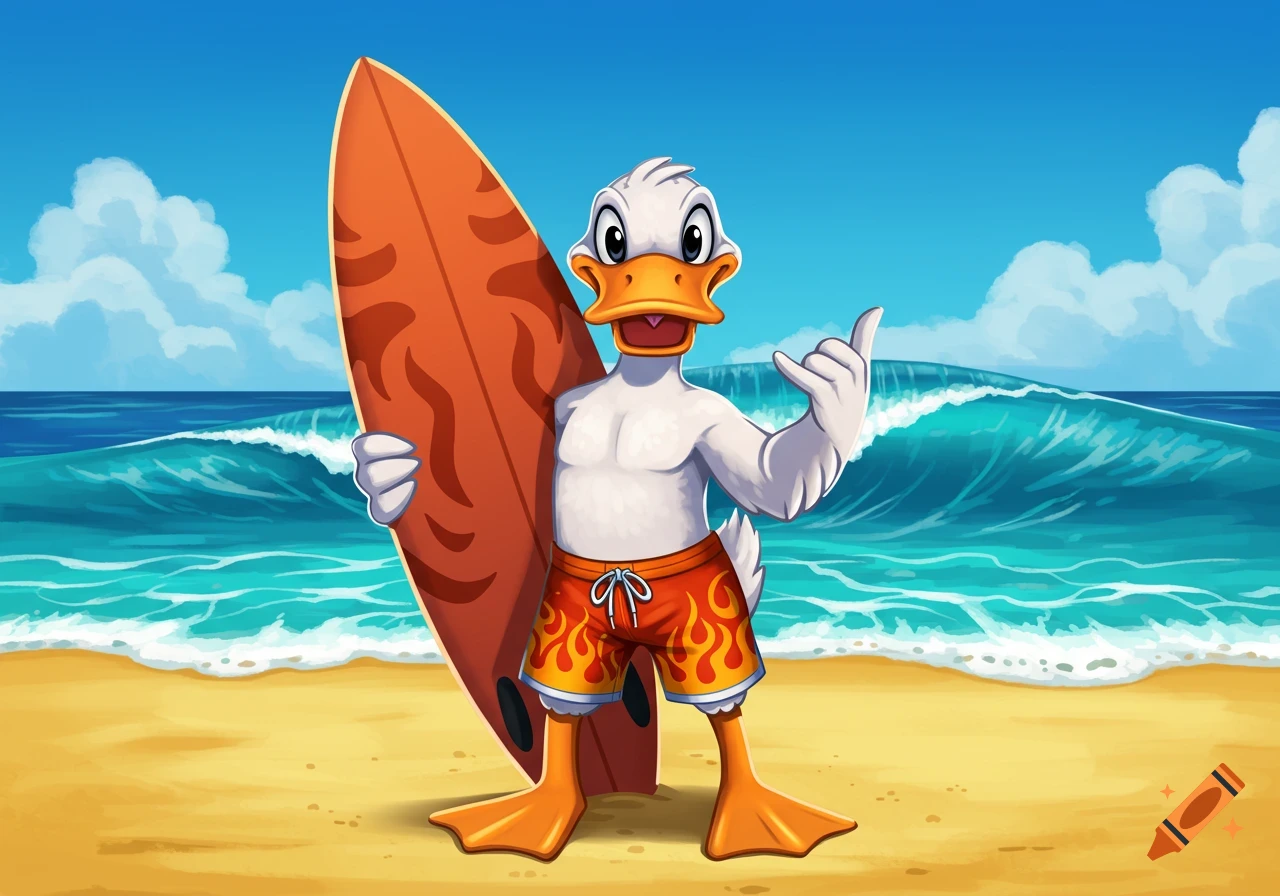 A cartoon duck mascot on a sunny beach holds a surfboard and makes a shaka sign, wearing fiery swim trunks with waves in the background.