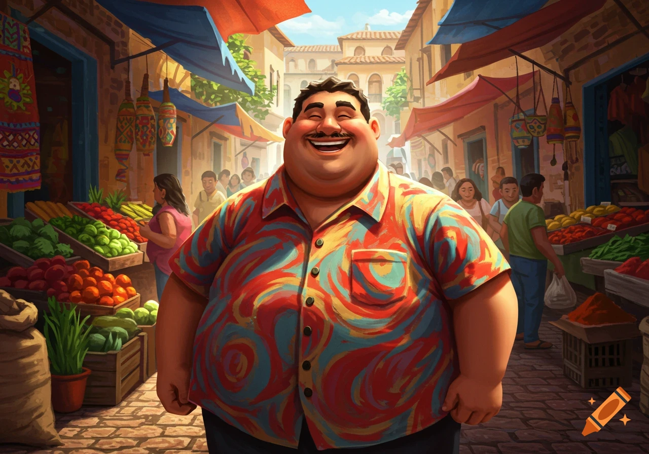 A happy, rotund man in a colorful patterned shirt laughs in a vibrant, stylized illustration of a bustling outdoor market.