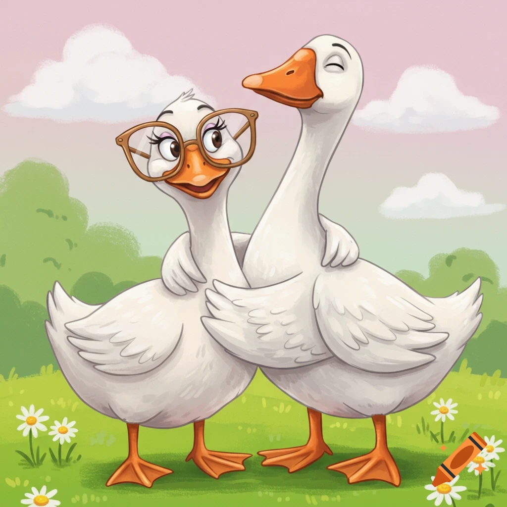 Two silly-faced cartoon geese, one wearing big light brown glasses, hug in a grassy field with daisies and clouds, depicted in an illustration style.