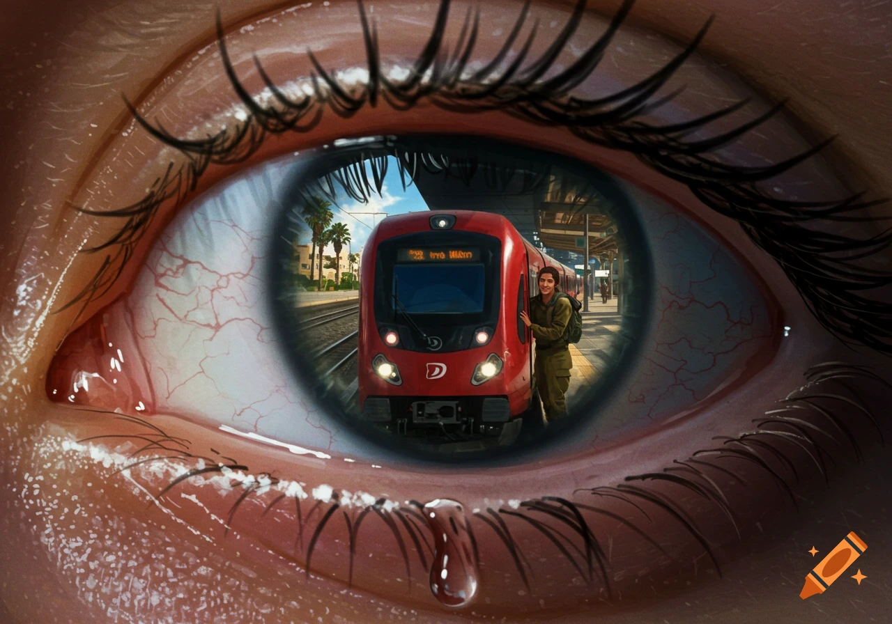 Digital painting of a human eye with a tear, reflecting a red train at a station, a soldier, and a woman embracing.