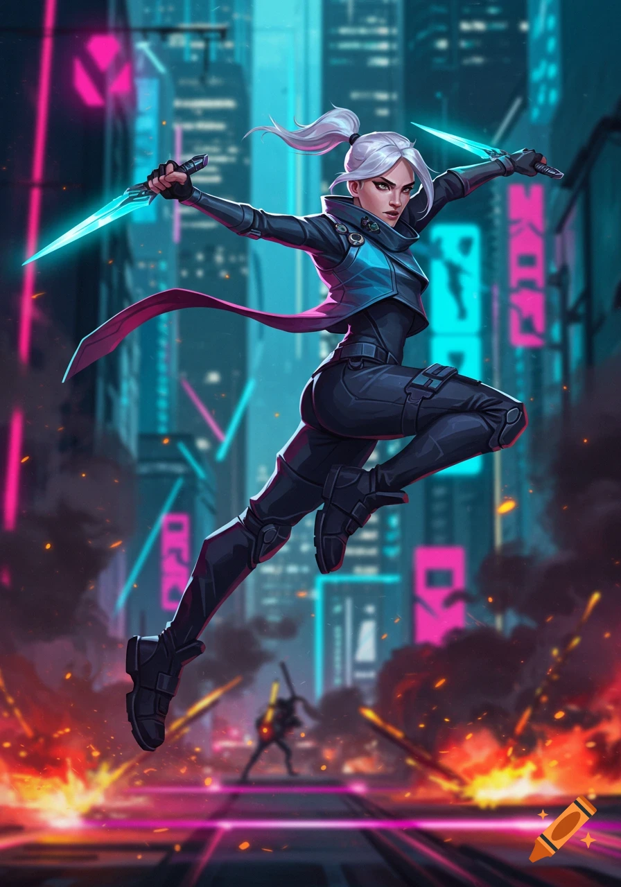 A white-haired female character in a black combat suit and blue jacket leaps, holding two glowing cyan knives, in a neon-lit cyberpunk city with explosions.