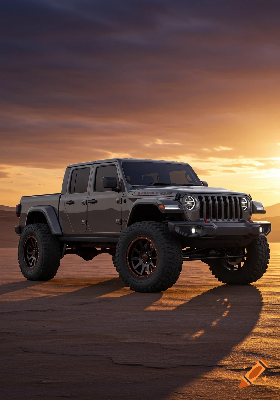 Dark gray lifted pickup truck on sandy terrain at sunset with an orange and purple sky.