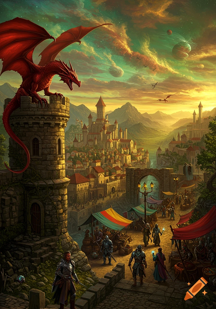 A red dragon perches on a medieval castle tower overlooking a bustling city market at sunset with mountains and strange planets in the sky, fantasy art style.