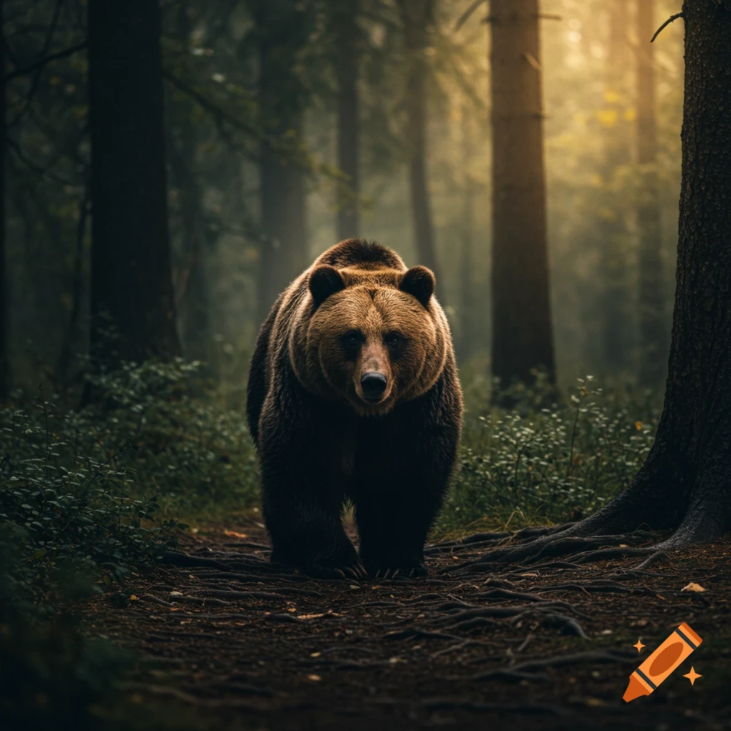 Photorealistic brown bear walks on a dirt path in a misty, dark forest, looking directly at the viewer.