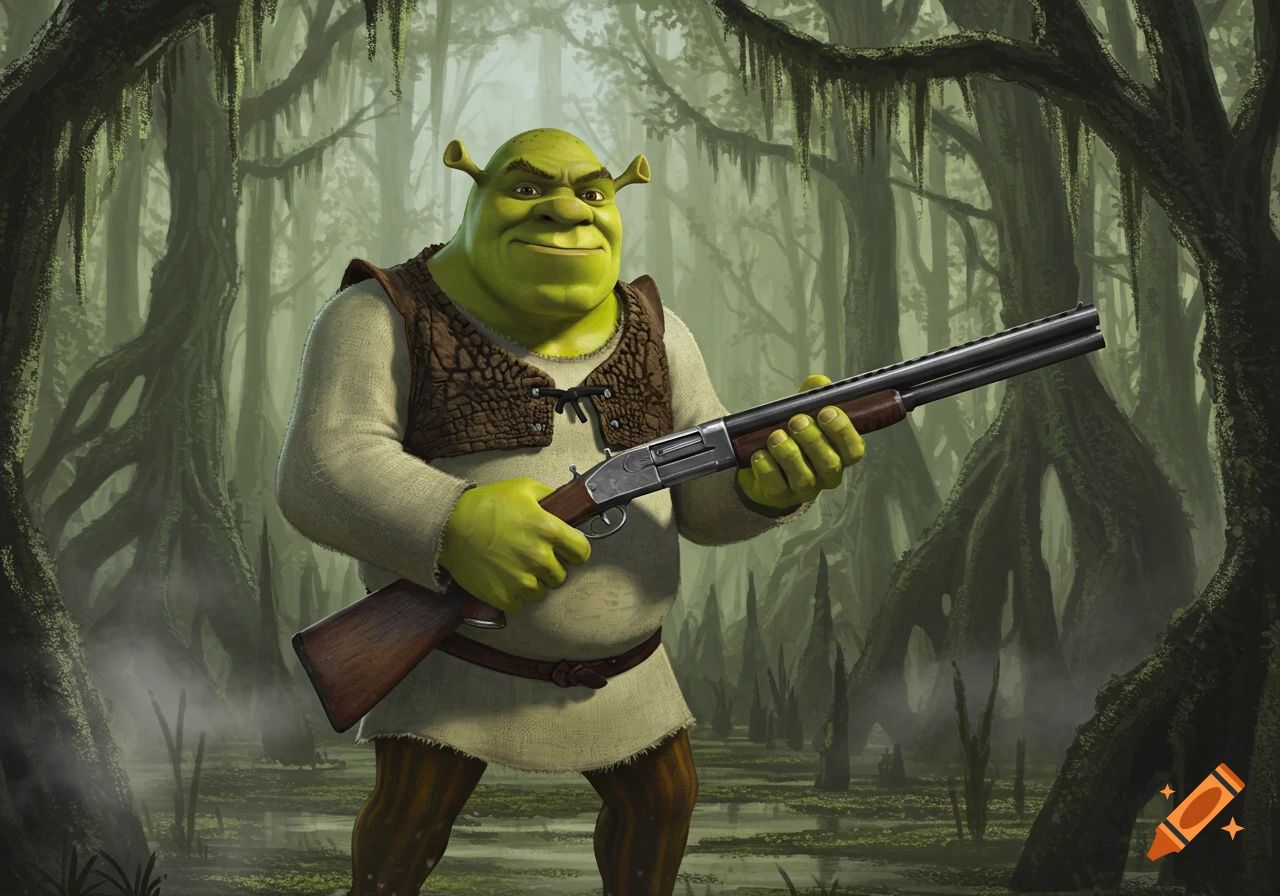Shrek, a green ogre, stands in a misty swamp, wearing a tunic and vest, holding a double-barreled shotgun.