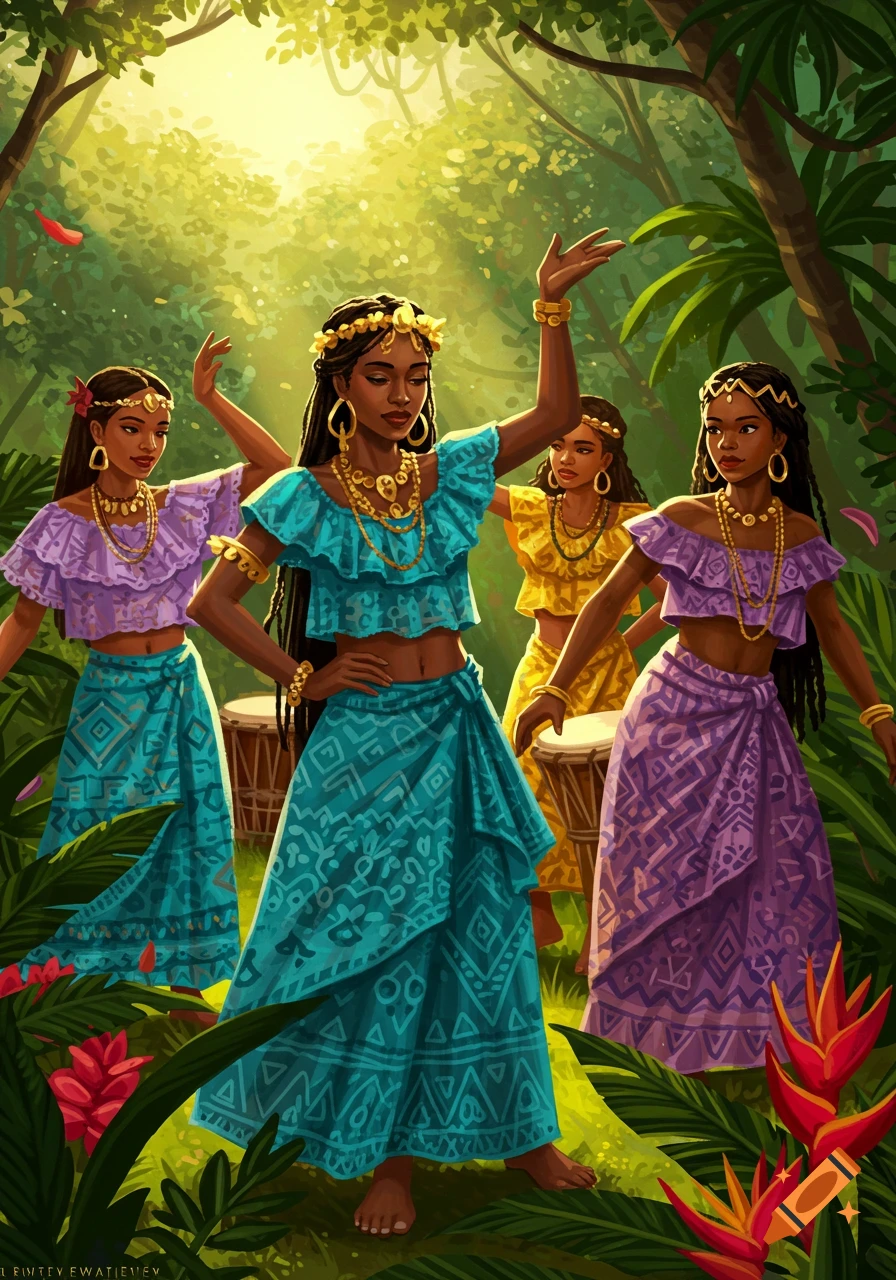 Four women in vibrant traditional Guyanese outfits with gold jewelry dance in a lush, sunlit tropical jungle.