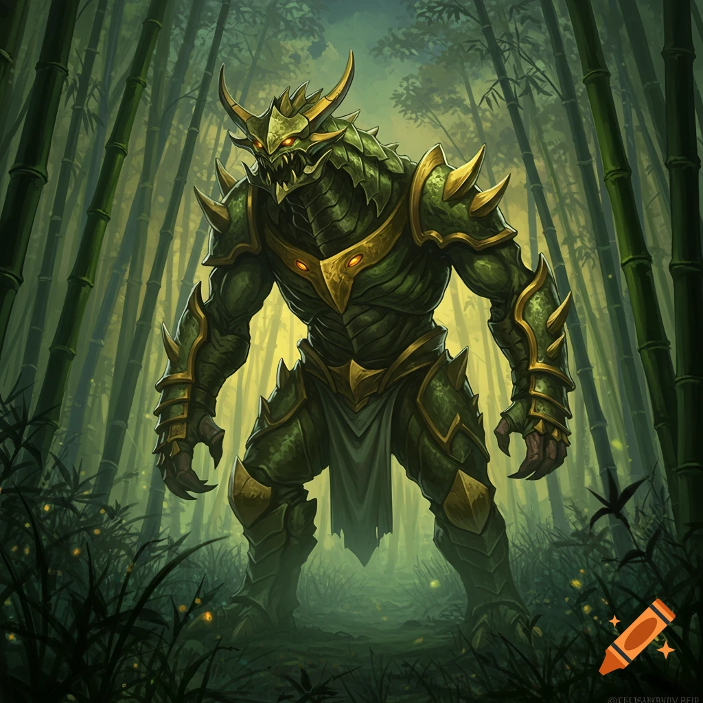 Green armored dragon-like monster with glowing red eyes stands menacingly in a mystical bamboo forest.