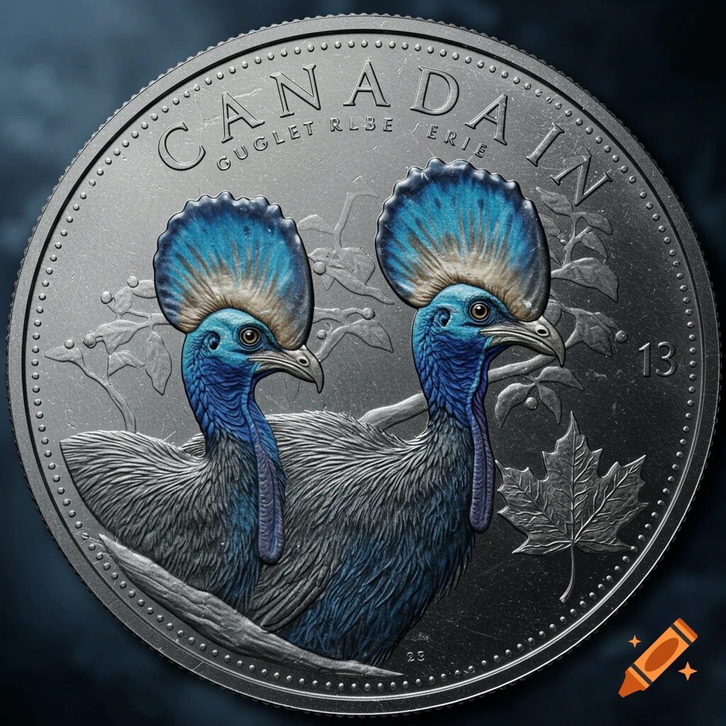 A silver Canadian coin depicting two colorful cassowary birds with blue heads and prominent blue crests, set against a dark background.