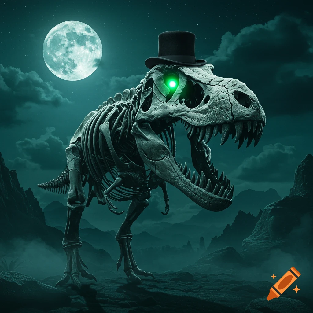 A T-Rex skeleton wearing a black top hat stands under a full moon in a dark, mountainous landscape. Its eye sockets glow green.