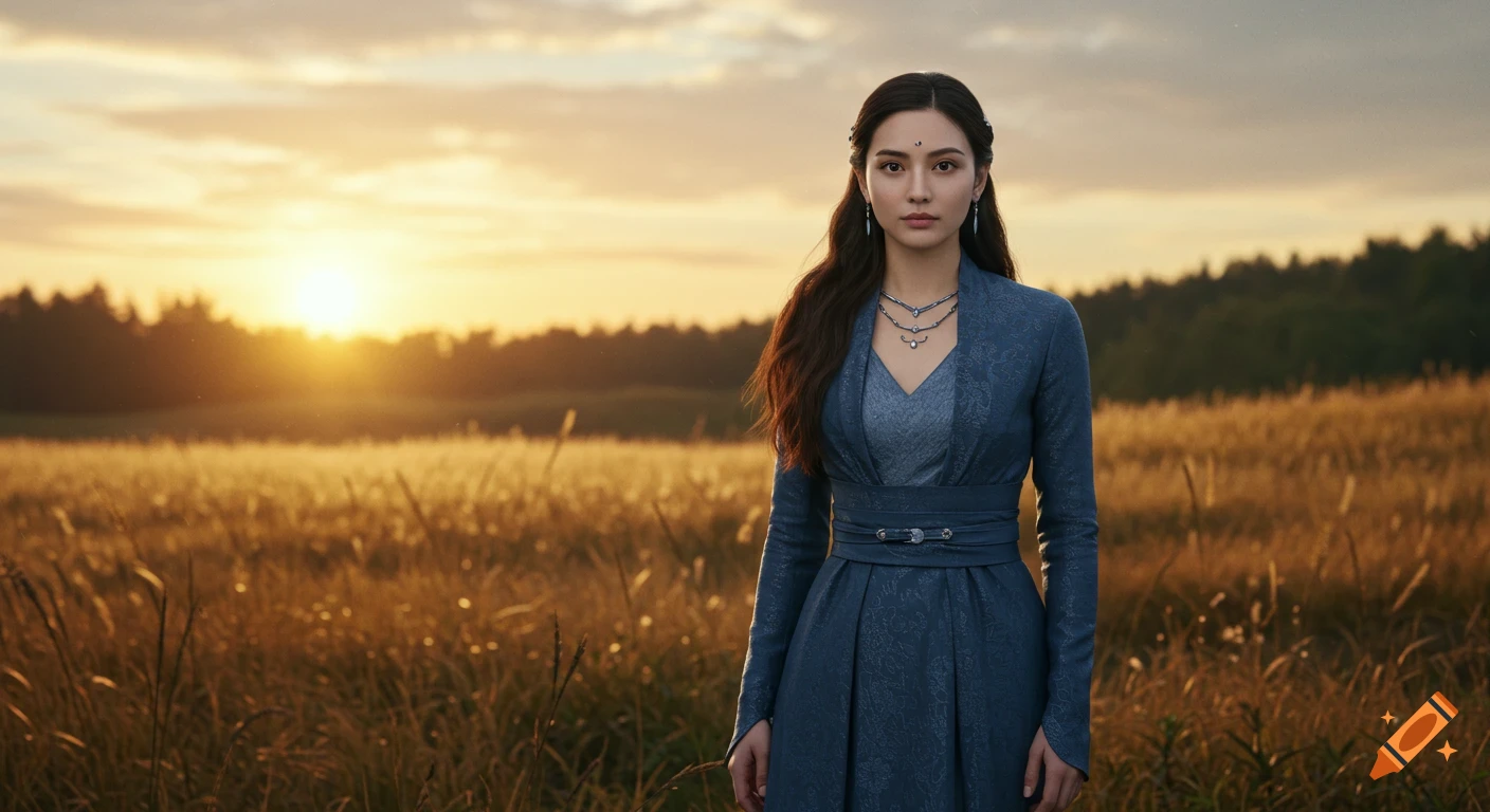 Photorealistic portrait of a woman in an elegant blue dress standing in a golden field at sunset.