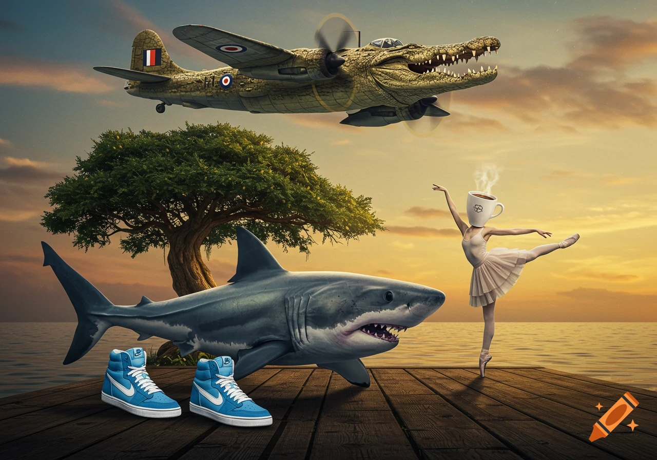 A surreal scene with a crocodile bomber plane flying above a tree and a great white shark on a wooden pier. A ballerina with a coffee cup for a head dances on the pier next to two blue high-top sneakers. The sky shows a sunset.