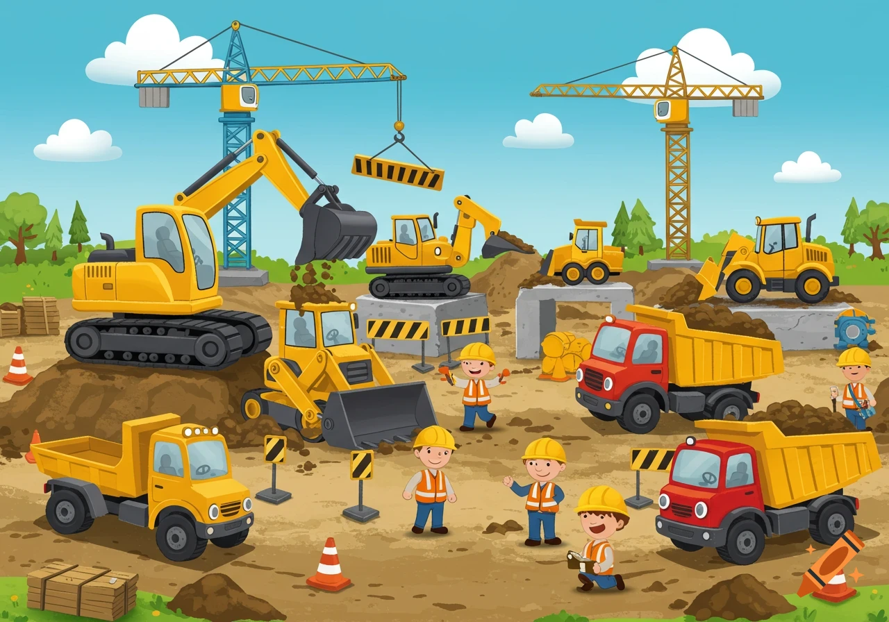 A colorful cartoon construction site with yellow excavators, dump trucks,  cranes, and happy construction workers. on Craiyon, image size:1280x896