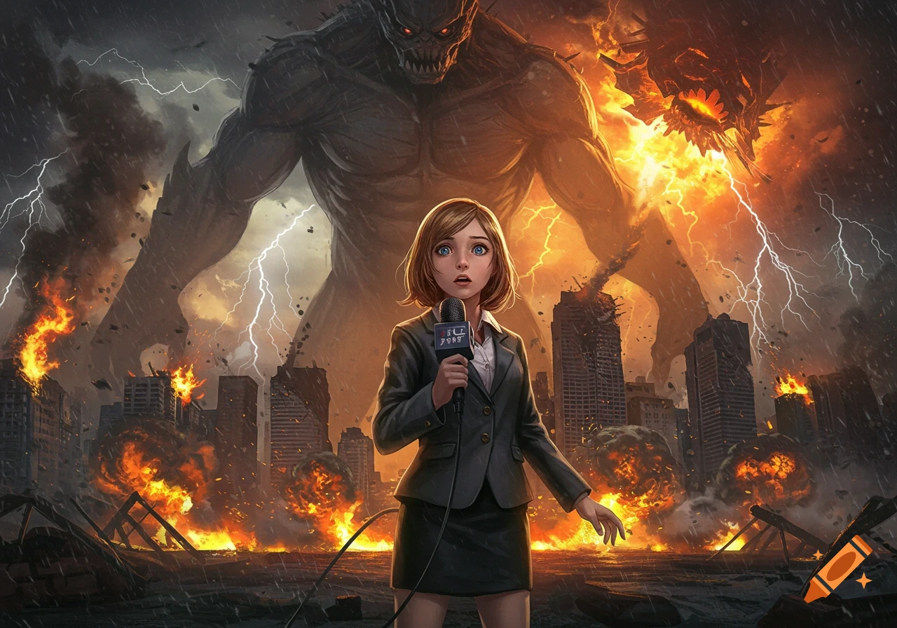 A female news reporter stands in front of a city engulfed in flames and lightning, with a giant monster looming behind her.
