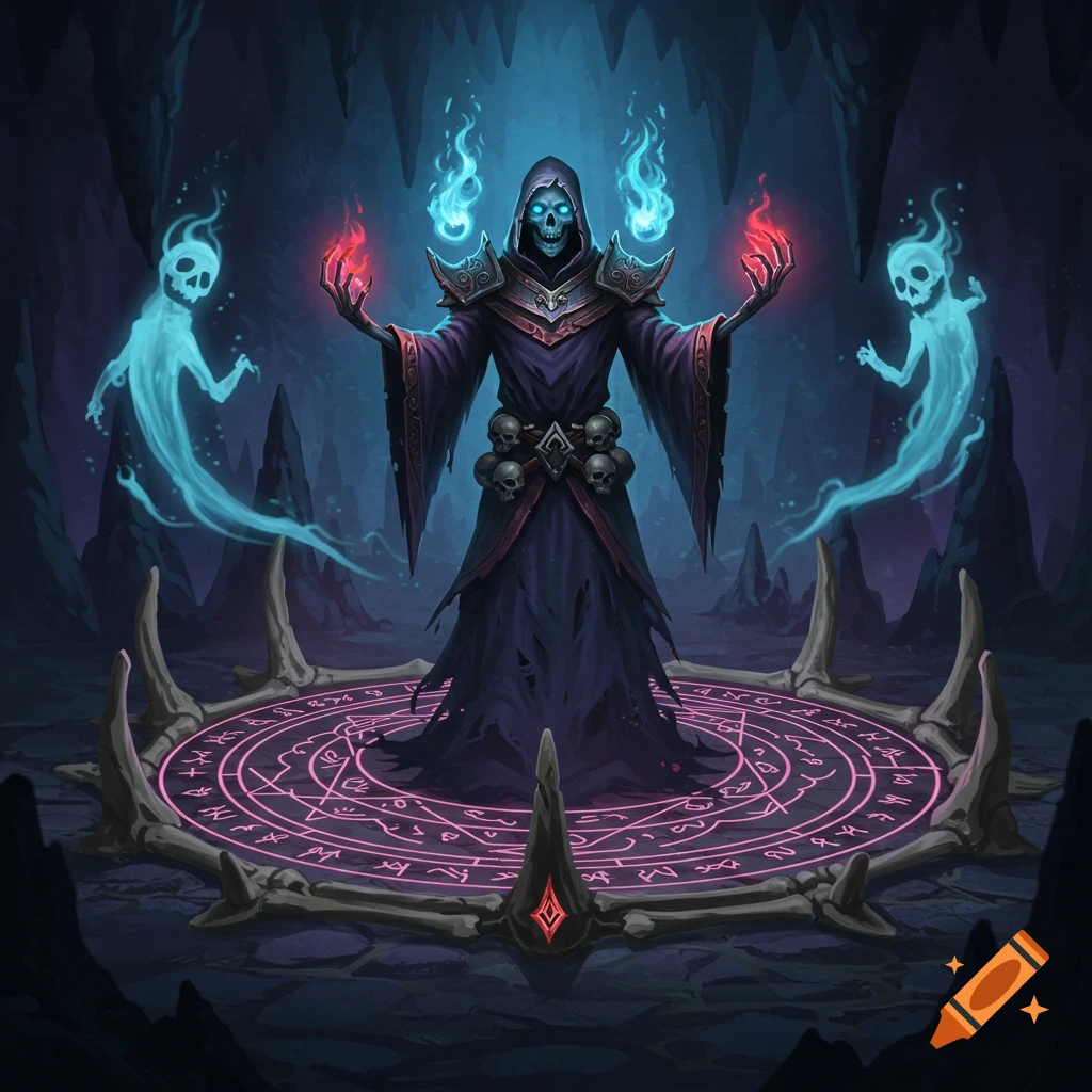 A skeleton mage in dark robes stands within a glowing pink magic circle made of bones, holding red and blue flames. Two blue ghostly figures float beside him in a dark cave.