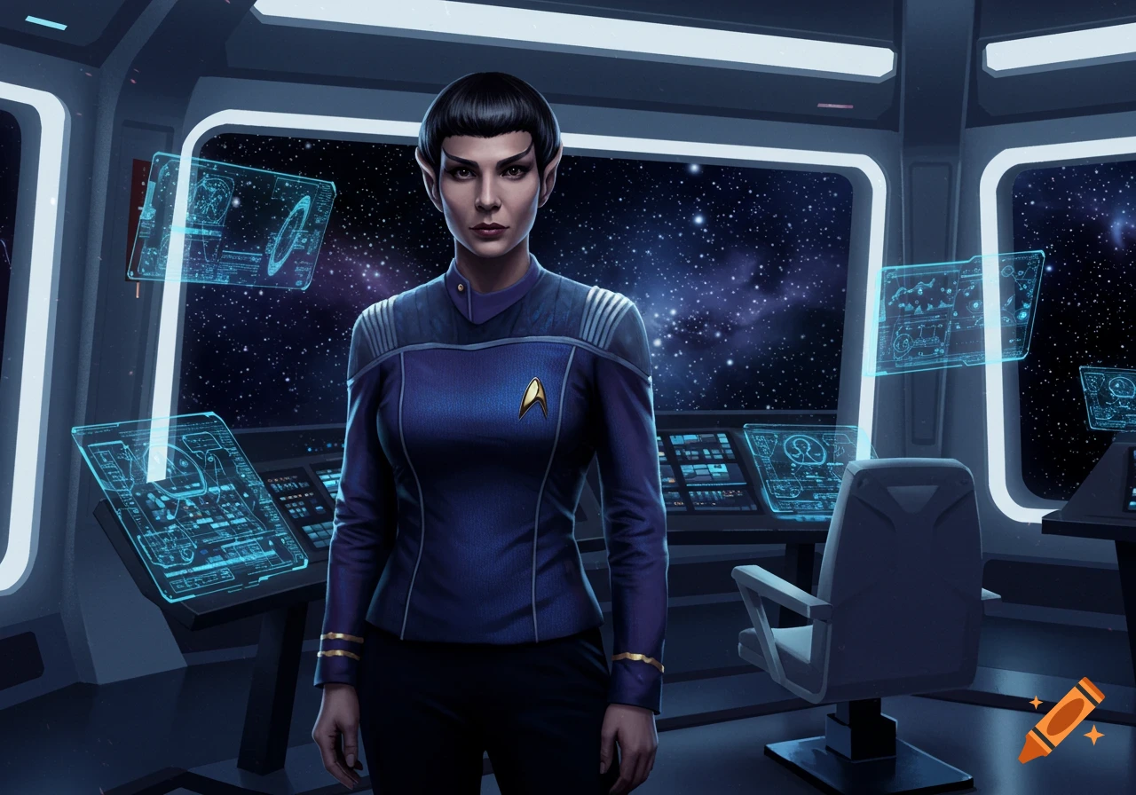 A female Vulcan science officer in a blue uniform stands on the bridge of a Federation starship, with holographic displays and stars visible.