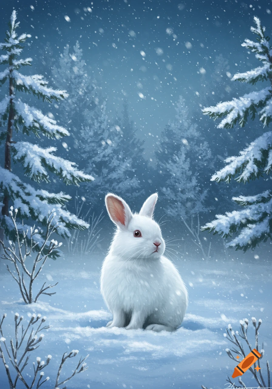 A fluffy white rabbit sits in a snowy forest with evergreen trees and falling snow.