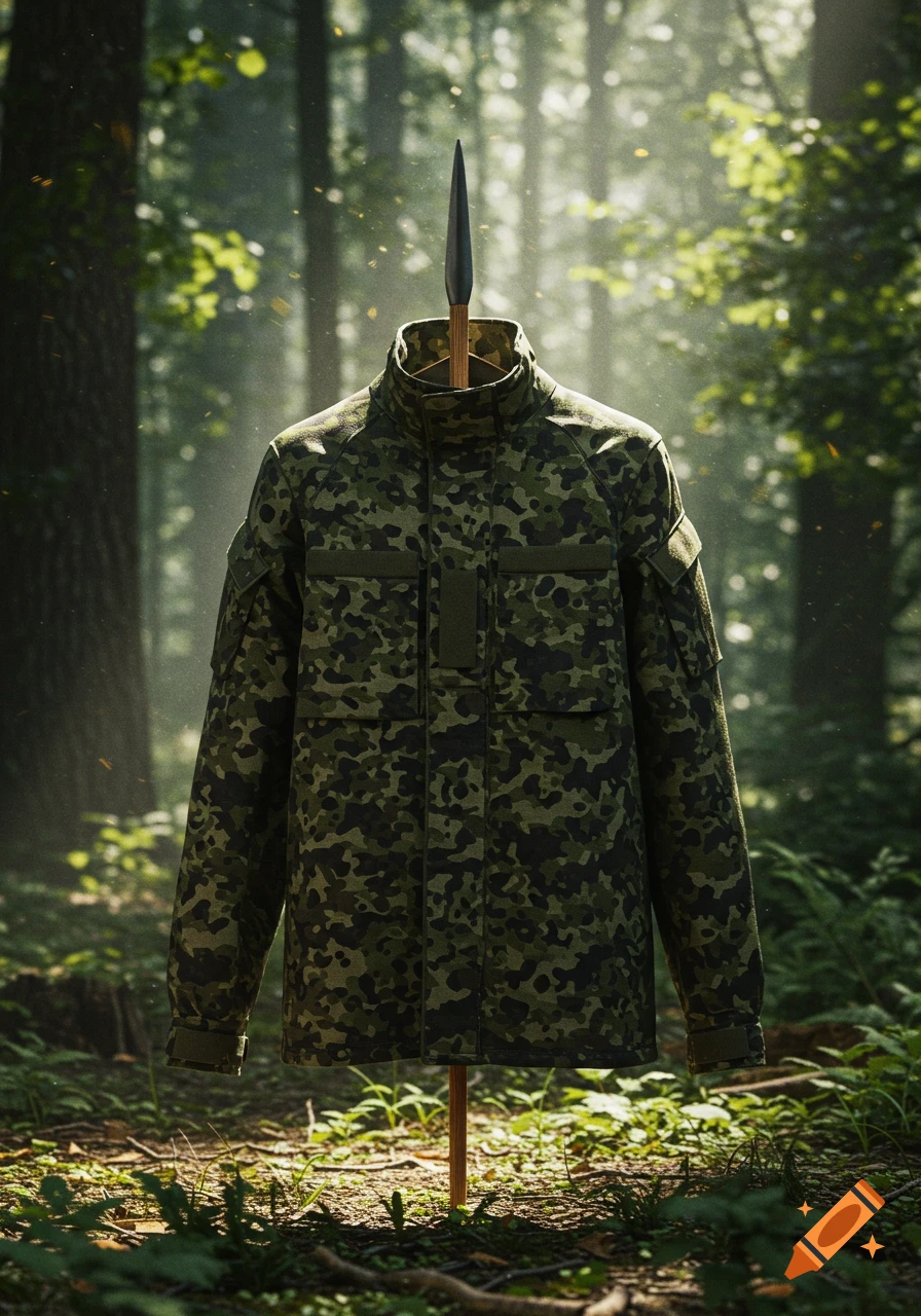 A Flecktarn camouflage jacket hangs on a wooden stick with a spearhead in a sun-dappled forest.