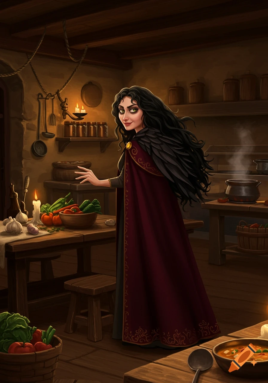 Stylized illustration of Mother Gothel in a rustic, candlelit kitchen, surrounded by vegetables and cooking pots.
