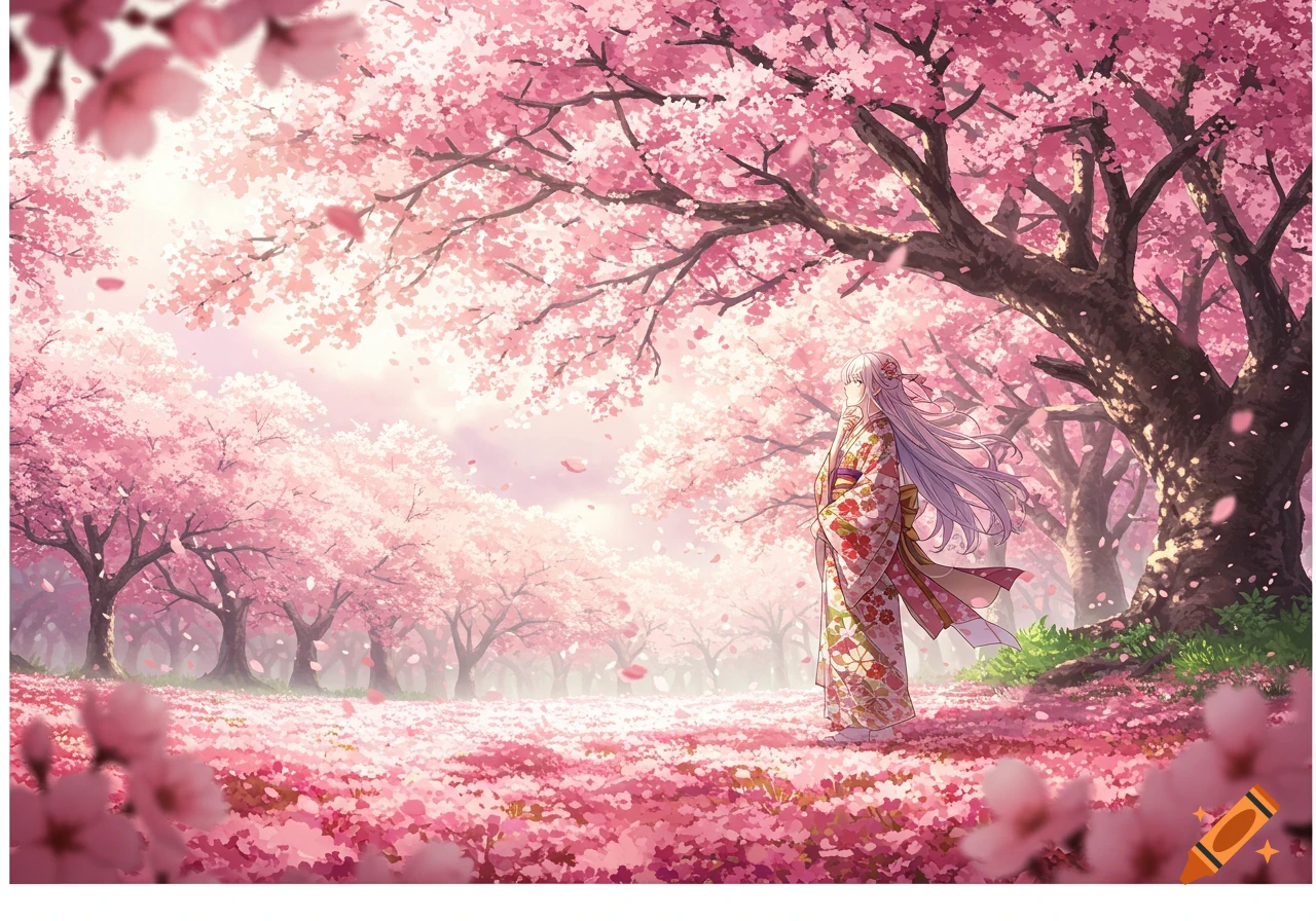Anime girl in a floral kimono stands in a vibrant pink cherry blossom forest with falling petals.