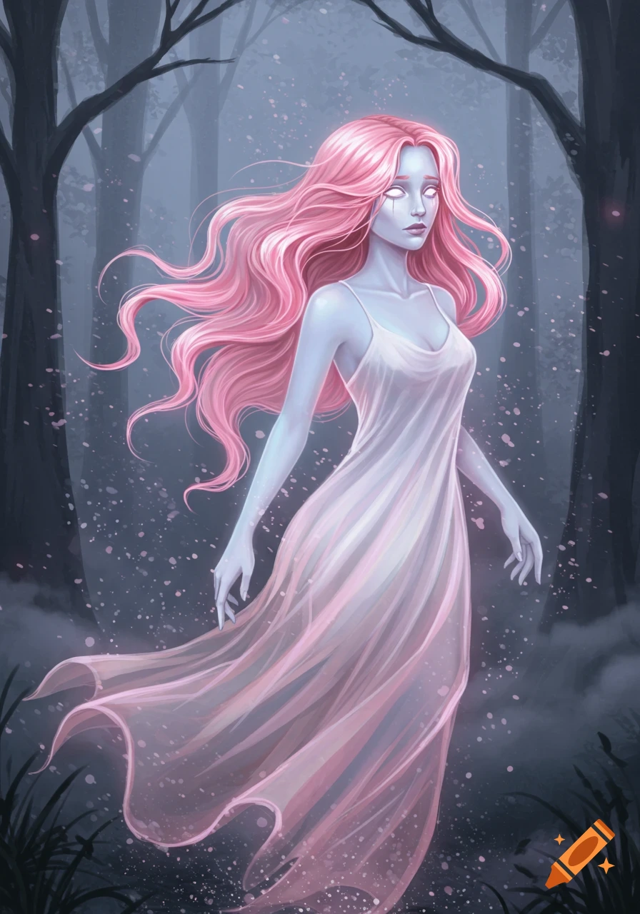 A pale female ghost with flowing pink hair in a sheer white gown floats in a dark, misty forest with pink particles.