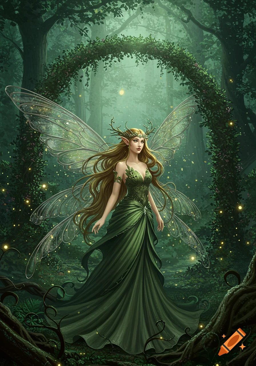 Ethereal fairy queen in a green gown with long hair and sparkling wings stands under a vine arch in an enchanted forest, art nouveau style.
