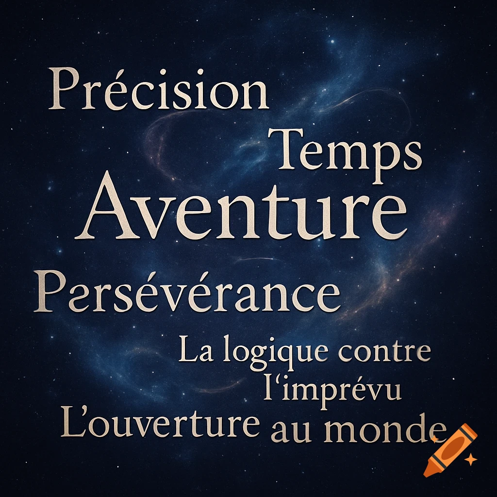 French words like 'Précision', 'Aventure', and 'Persévérance' against a dark blue cosmic background with stars and nebulae.