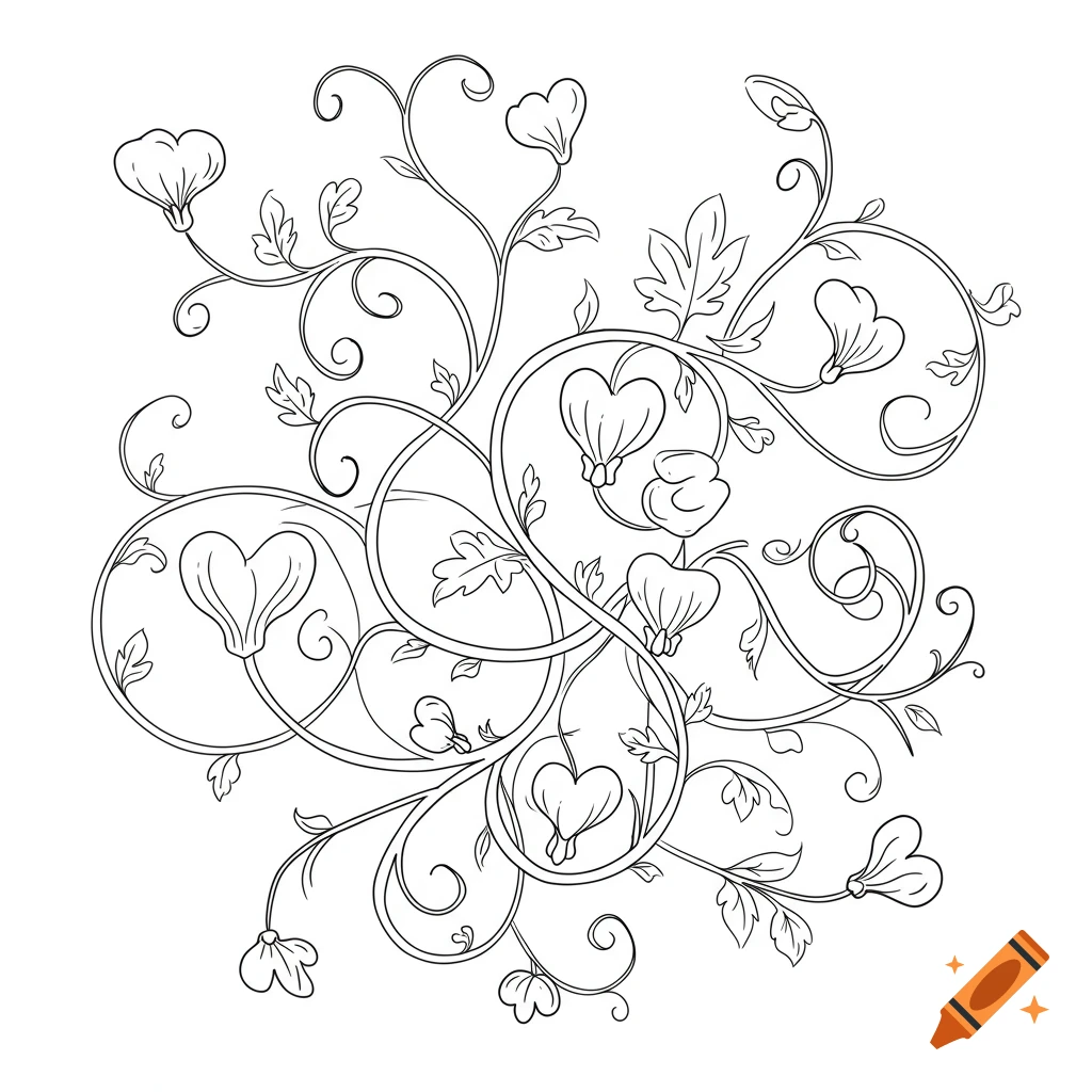 Decorative line drawing of intertwining vines with leaves and heart-shaped flowers on a white background.