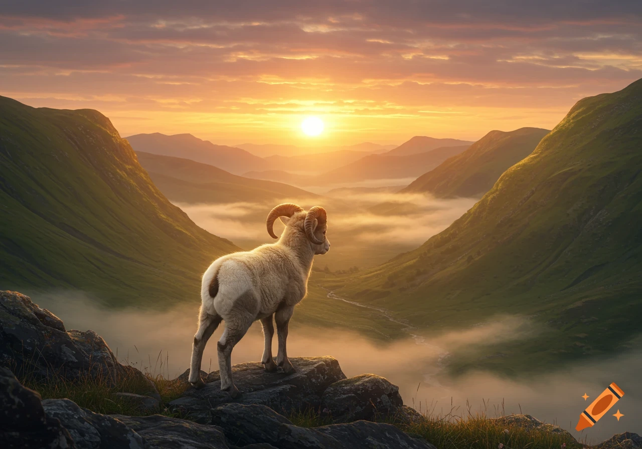 A ram with large curved horns stands on a rocky peak, gazing at a vibrant sunrise over a misty mountain valley.