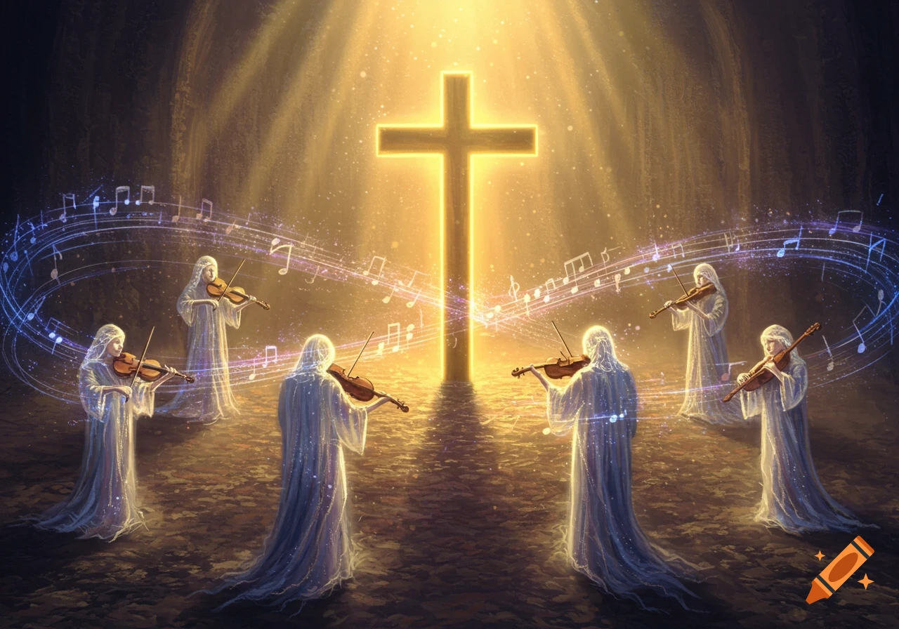 Ethereal figures play violins around a glowing cross, surrounded by swirling musical notes in a dark, spiritual setting.