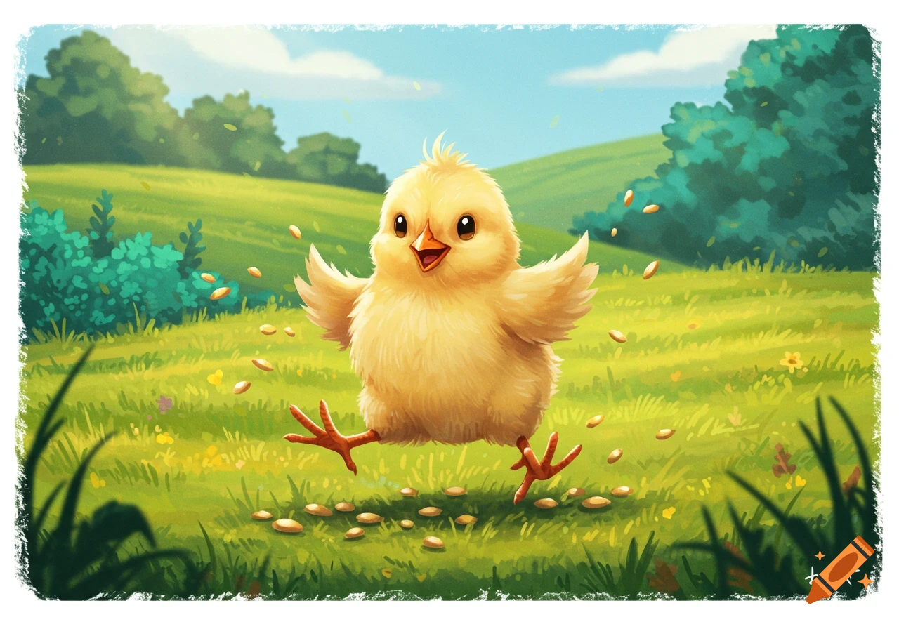 A fluffy yellow chick happily running and jumping in a vibrant green field with scattered seeds, in an illustration style.