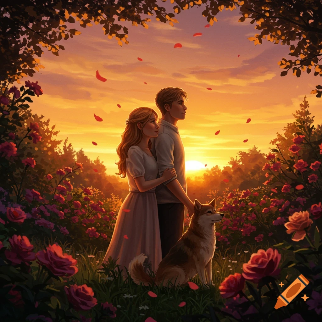 An illustrative romantic scene of a couple and their dog in a vibrant rose garden at sunset.